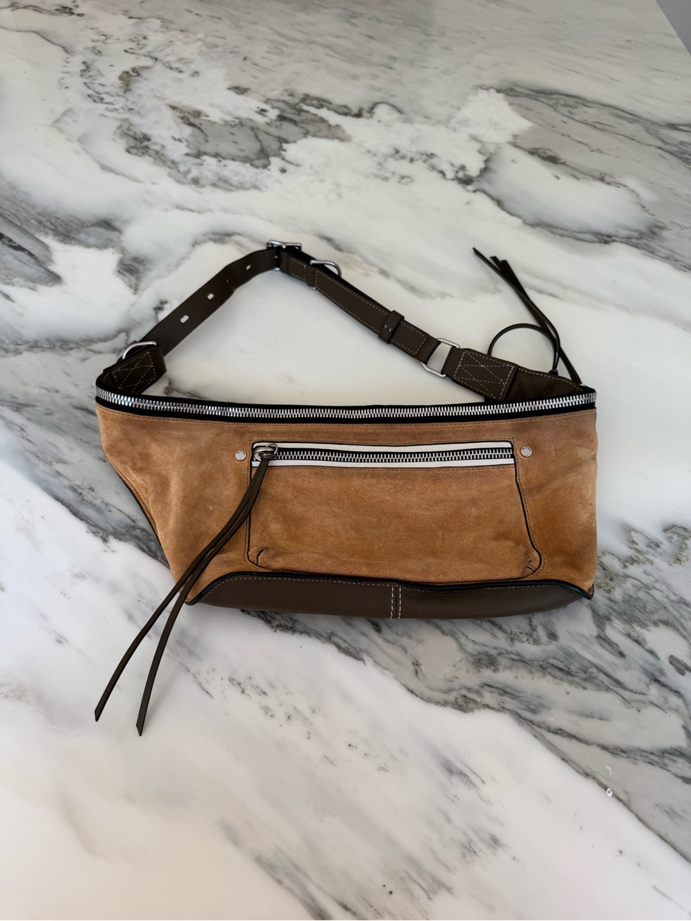 rag & bone Tan Suede and Brown Leather Crossbody Belt Bag with Silver Hardware
